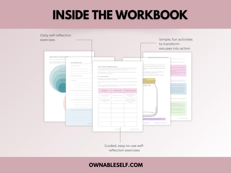 Inside pages of the Excuses Workbook – packed with reflection prompts, goal-setting tools, and exercises to beat procrastination.