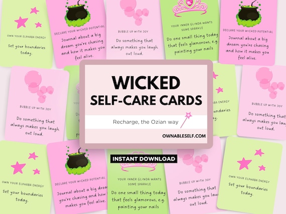 Wicked Self Care Cards, Everyone Deserves a Chance to Fly, Printable 30 Day Self Care Challenge, Defying Gravity, Self Care Worksheets PDF