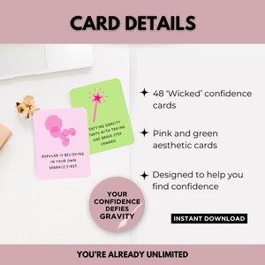 May include: A set of 48 pink and green affirmation cards with the text "Your Confidence Defies Gravity" and "Popular is Believing in Your Own Sparkle First." The cards are designed to help you find confidence.