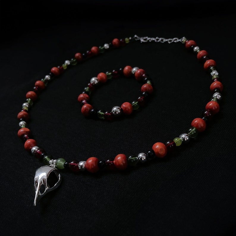 Handmade necklace with wooden beads and skull image 1