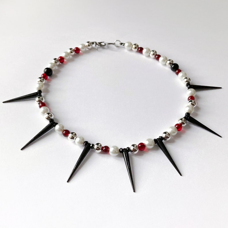 Handmade beaded necklace with spikes White/silver/red