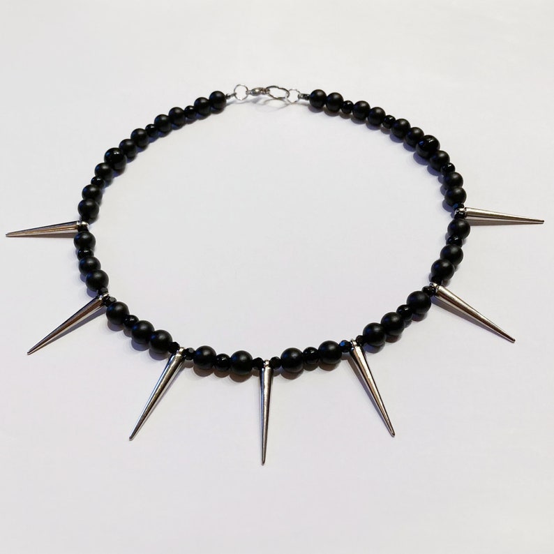 Handmade beaded necklace with spikes Black and silver