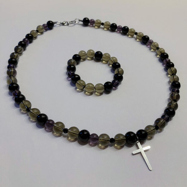 Handmade necklace with silver cross and transparent glass beads