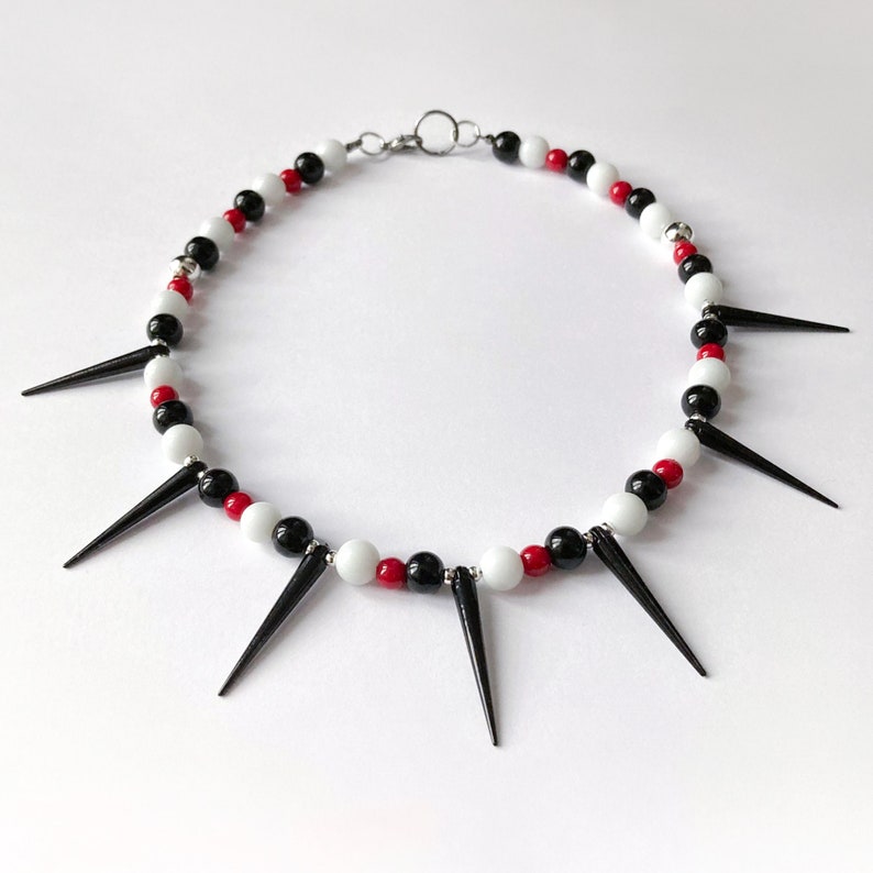 Handmade beaded necklace with spikes Black/red/white