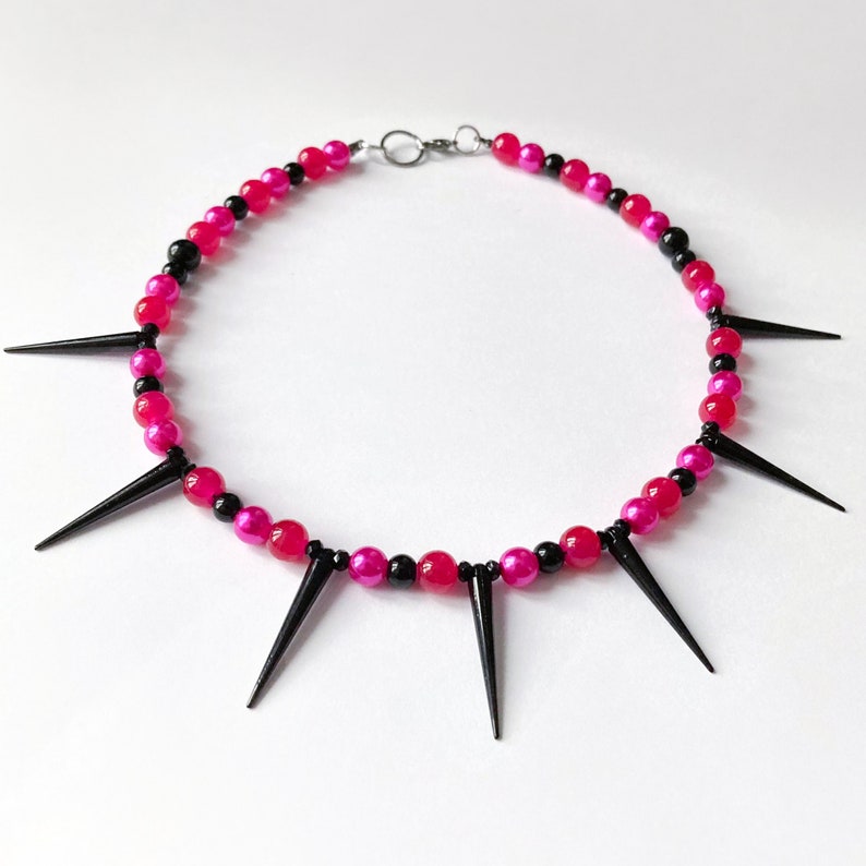 Handmade beaded necklace with spikes Pink