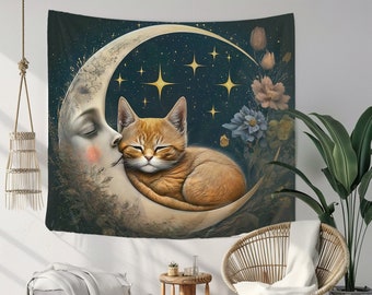 Cat Moon Tapestry: Boho Hippie Home Decor Accent