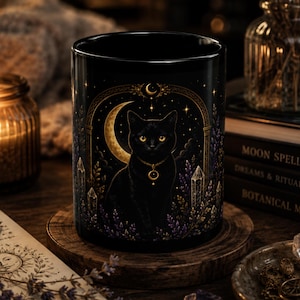 Puede incluir: Una taza de cerámica negra con una ilustración gráfica de un gato negro con un colgante dorado, frente a una luna creciente, estrellas y cristales. El diseño incluye detalles de un arco dorado sobre un fondo oscuro.