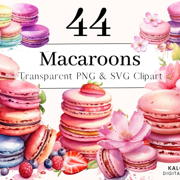 Aquarelle Macaron Sweets Clipart PNG Bundle, Téléchargement numérique, Aquarelle Dessert Clipart, Français Macarons Food Graphics, Fabrication de cartes