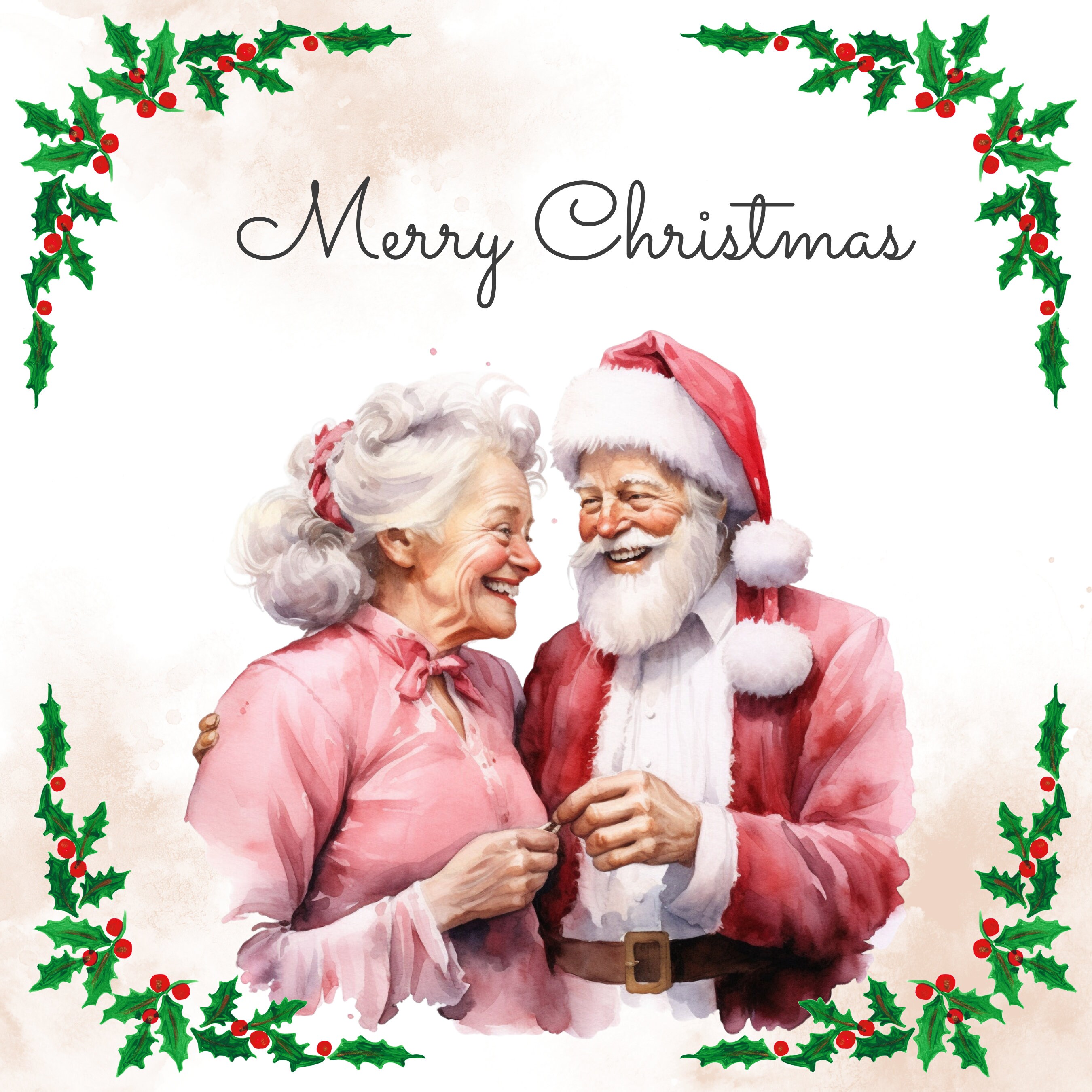 Santa and Mrs Claus Watercolor Clipart Bundle PNG for Sublimation, Pink
