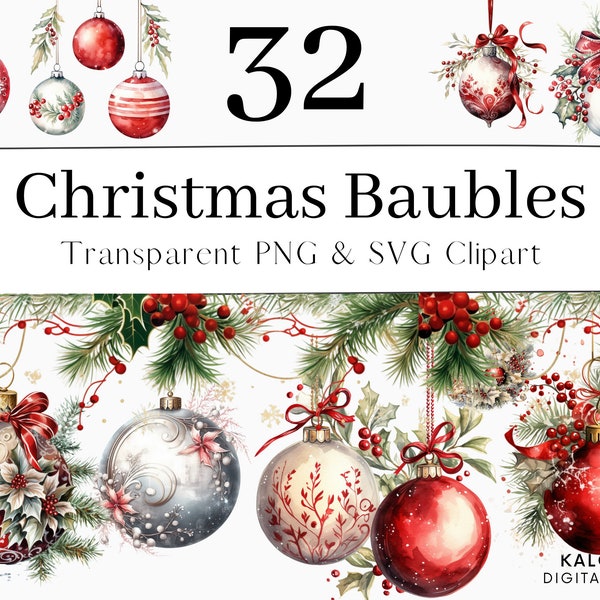 Christmas Baubles Red Balls PNG SVG Clipart Bundle, Card Making Paper Craft Christmas Ornament Decoration Sublimation Design Digital Sticker