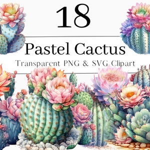 Cactus Pastel aquarelle Clipart Bundle, Cactus fleur Clipart PNG, succulentes PNG, Cactus Sublimation Design SVG, désert cactus Clip Art