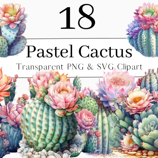 Cactus Pastel Watercolor Clipart Bundle, Cactus Flower Clipart PNG, Succulent PNG, Cactus Sublimation Design SVG, Desert Cacti Clip Art