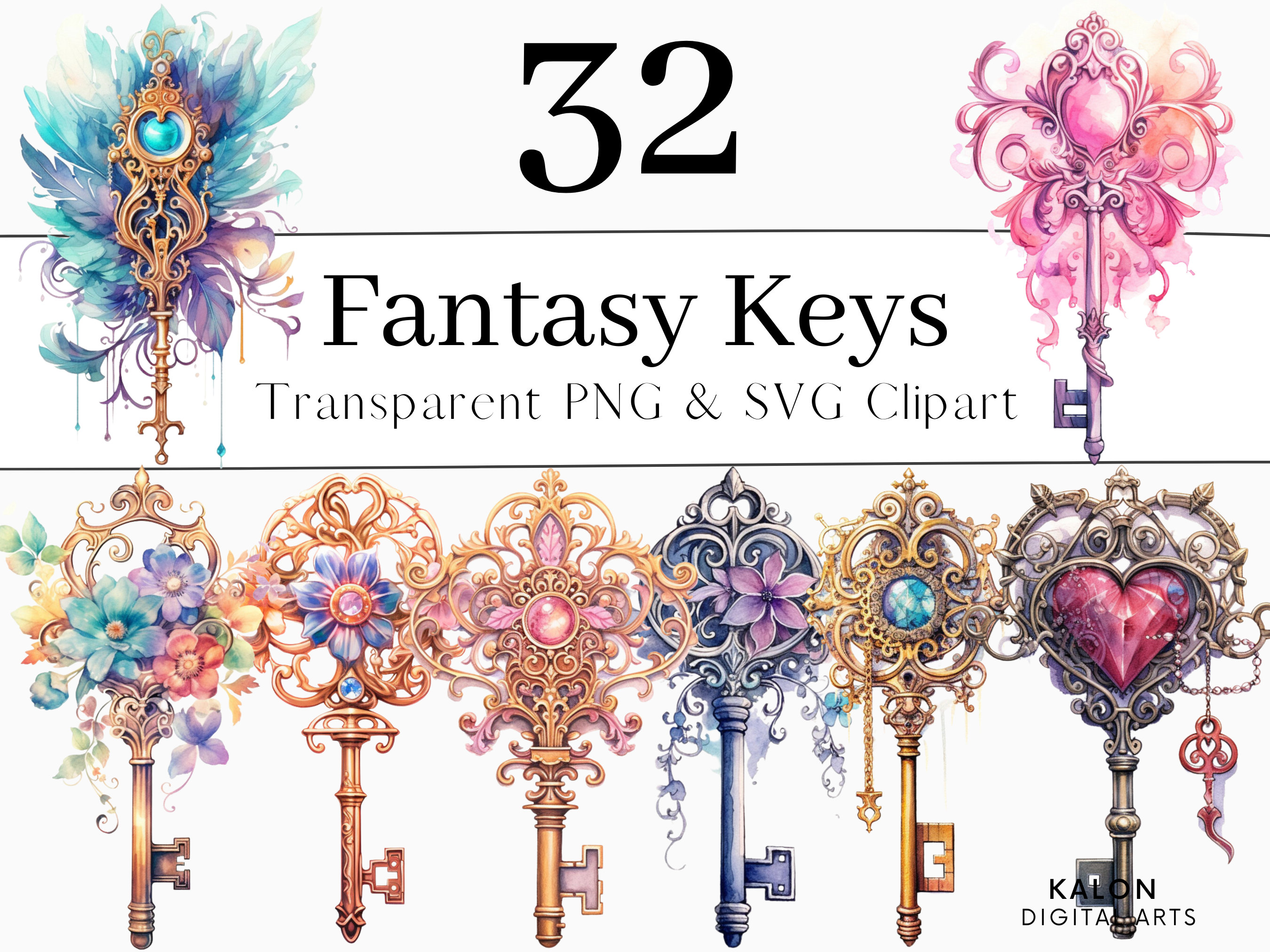 Magical Keys Watercolor Clipart Bundle, Magic Key PNG, Fantasy Key