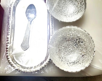 Engraved German Silver decorative ornament 2 Bowl Set, 2 spoons with Tray .