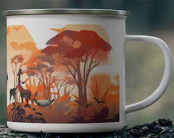 Africa Safari Camp Mug, 12 oz Enamel Camping Mug with an African safari landscape at sunset Tranquility in every sip.