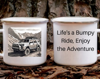 Life's a Bumpy Ride, Enjoy the Adventure. Enamel Stainless Steel Camping Mug.  Durable & Stylish Outdoor Companion