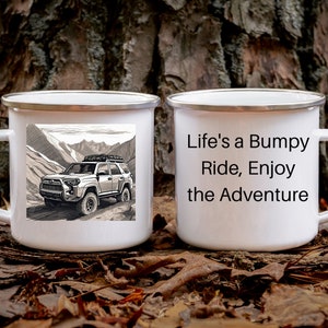 Life&#39;s a Bumpy Ride, Enjoy the Adventure. Enamel Stainless Steel Camping Mug.  Durable & Stylish Outdoor Companion