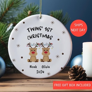 Twins&#39; 1st Christmas Personalized Ornament, Cute Reindeers, Twins First Christmas, Keepsake,