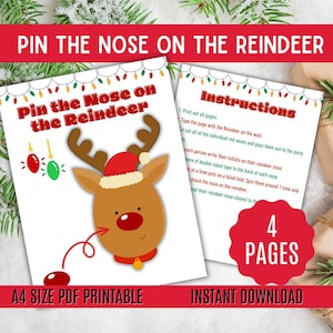 Instant Download | Christmas Games | Christmas Party | Pin The Nose On Rudolph | Printable Game Pin The Nose On The Reindeer