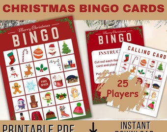 May include: Printable Christmas Bingo cards with 25 players. The cards feature a variety of Christmas-themed images, including a snowman, reindeer, gingerbread man, and a stocking. The calling card has a red background with the text "Merry Christmas" and "Bingo" in white.
