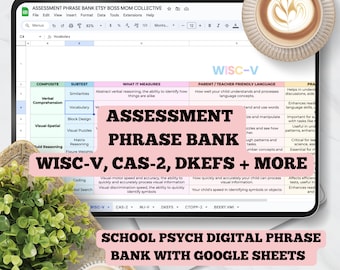 Assessment Phrase Bank | School Psychologist Phrase Spreadsheet | WISC-V Phrase Bank | Psychoeducational Report Writing | School Psych |