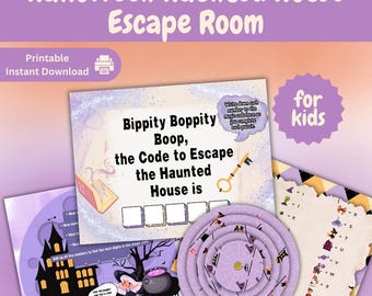 Può includere: Gioco di fuga dalla casa stregata di Halloween stampabile per bambini. Il gioco presenta uno schema di colori viola e nero con una strega, un calderone e una casa stregata. Il gioco include un codice per fuggire dalla casa stregata, un labirinto e un'attività di abbinamento delle lettere.