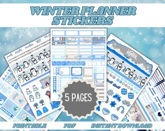 May include: Printable winter planner stickers featuring penguins, snowflakes, and winter-themed illustrations. The stickers are in blue, gray, and white colors. The text "WINTER PLANNER STICKERS" is at the top of the image. The text "5 PAGES" is in a circle in the center of the image. The text "PRINTABLE PDF INSTANT DOWNLOAD" is at the bottom of the image.