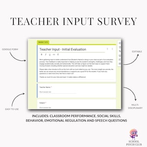 Teacher Input Form | Editable IEP Questionnaire | Special Education Feedback Survey | School Psychologist Forms | IEP Teacher Questionnaire