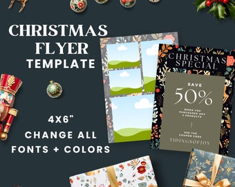 May include: A Christmas flyer template with a festive design featuring a green and blue landscape, a floral pattern, and a Christmas special offer with 50% off when you purchase three products. The coupon code is TIDINGSOFJOY. The flyer is 4x6 inches.