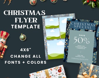 May include: A Christmas flyer template with a blue and gold background featuring a festive design with a Christmas tree and stars. The flyer includes a 50% off sale with the coupon code TIDINGSOFJOY. The flyer is 4x6 inches and can be customized with different fonts and colors.