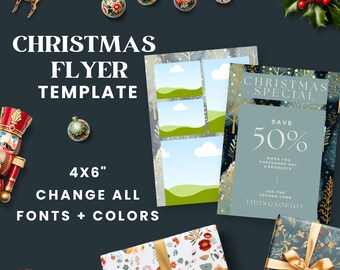 May include: A Christmas flyer template with a blue and green background featuring a winter scene with trees and clouds. The flyer includes the text "Christmas Special" and "Save 50%". The text "Use the coupon code TIDINGS OF JOY" is also included. The flyer is 4x6 inches.