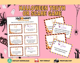 Puede incluir: Cartas de juego imprimibles de Halloween Verdad o Atrevimiento con acentos naranja y morado. Las cartas presentan ilustraciones espeluznantes y sugerencias para que los jugadores elijan entre una verdad o un desafío.