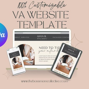 May include: A Canva website template for virtual assistants, featuring a laptop, tablet, and phone mockup with a neutral colour scheme and the text "NEED TO TIDY UP YOUR ONLINE BUSINESS?"