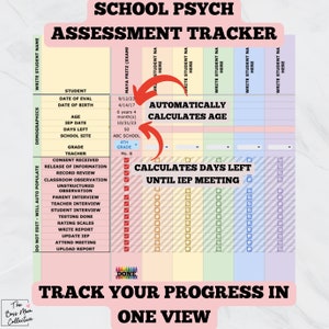 School Psychologist Evaluation Tracker: ASSESSMENT TRACKER Spreadsheet, Track deadlines, paperwork, documentation, motivation, progress