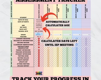 Peut inclure: Un tableau imprimable coloré pour suivre les progrès des élèves. Le tableau comprend des sections pour les données démographiques, les informations sur les élèves et les dates d'évaluation. Le tableau est intitulé "School Psych Assessment Tracker" et comprend le texte "Calcul automatique de l'âge" et "Calcul des jours restants jusqu'à la réunion IEP".