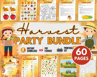 May include: A printable party bundle with 60 pages of harvest-themed activities for kids. The bundle includes a memory game, bingo, coloring page, acorn craft, corn craft, scavenger hunt, I Spy, find the difference, and a word search. The bundle is available for instant download in PDF format.