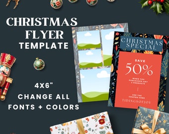 May include: A Christmas flyer template with a festive design featuring a red and green color scheme. The flyer includes a 50% off sale for Christmas with the coupon code TIDINGSOFJOY. The flyer is 4x6 inches and can be customized with different fonts and colors.