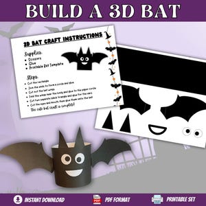 May include: Printable 3D bat craft instructions with a black and white bat template. The instructions include a list of supplies and steps to create a 3D bat.