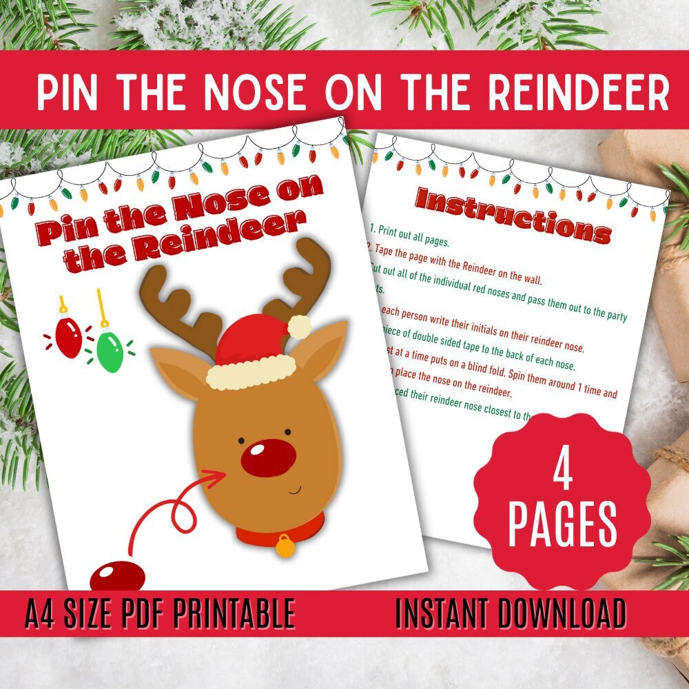 Direct downloaden | Kerstspelen | Kerstfeest | Speld de neus op Rudolph |  Afdrukbaar spel Pin de neus op het rendier - Etsy België, image size:1000x1000