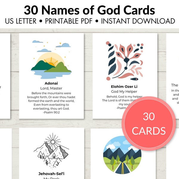 30 Tarjetas de Nombres y Atributos de Dios con Versículos Bíblicos / Versículos Bíblicos Imprimibles / Tarjetas de Afirmación