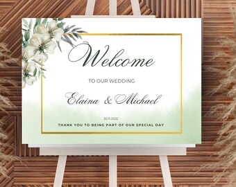 Welcome to our wedding, Wedding timeline sign template, Sage Green Welcome Wedding Sign template, Modern Gold Wedding sign, Digital file