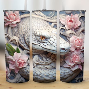 May include: A white snake with a golden eye is wrapped around pink flowers. The snake and flowers are sculpted in a 3D style and have a textured appearance.