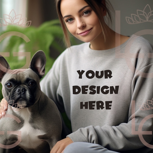 Grey Gildan Mockup | 18000 Crewneck Sweatshirt Mockup | Dog Lover | French Bulldog Owner Sweatshirt Mockup | Sports Grey Pet Shirt Mockups