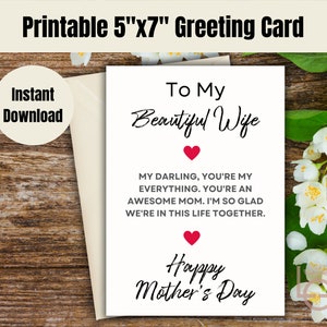 Cartão de esposa linda para impressão | Dia das Mães | Coração de esposa linda l Cartão para impressão / Download instantâneo em PDF | Modelo de cartão