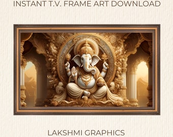 May include: A digital art print of a golden Ganesha statue in a ornate setting. The statue is sitting on a throne with a golden halo behind it. The background is a golden temple with pillars and arches.