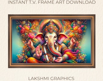 May include: A colorful digital painting of the Hindu deity Ganesha, depicted with a large elephant head, multiple arms, and a crown. The background is filled with vibrant flowers and intricate patterns.