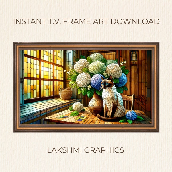 TV Artwork | TV Art Flowers| Stained Glass Hydrangeas and Siamese Cat | TV Frame Art | Digital Tv Frame Art | Home or Office Art