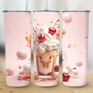 May include: A pink tumbler with a straw, featuring a dessert design. The design includes a milkshake with whipped cream and cherries, surrounded by pink spheres and flowers. The tumbler is designed to hold cold beverages.