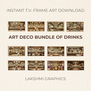 May include: A set of 12 digital art prints featuring a vintage Art Deco style bar with cocktails. The prints are in gold, black, and white tones. The text "ART DECO BUNDLE OF DRINKS" is at the top of the image.