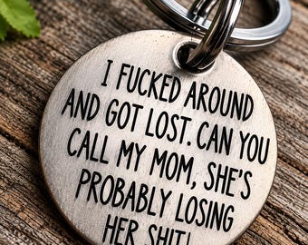 Funny Engraved Dog Tag, Personalized Pet ID, Custom Mom Dad Parents (Deeply Engraved Metal)
